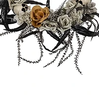 14" Unlit Skulls with Orange & Gray Roses Halloween Wreath