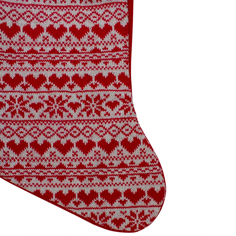 19" Red & White Hearts with Snowflakes Knit Christmas Stocking Faux Fur Cuff
