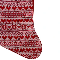 19" Red & White Hearts with Snowflakes Knit Christmas Stocking Faux Fur Cuff