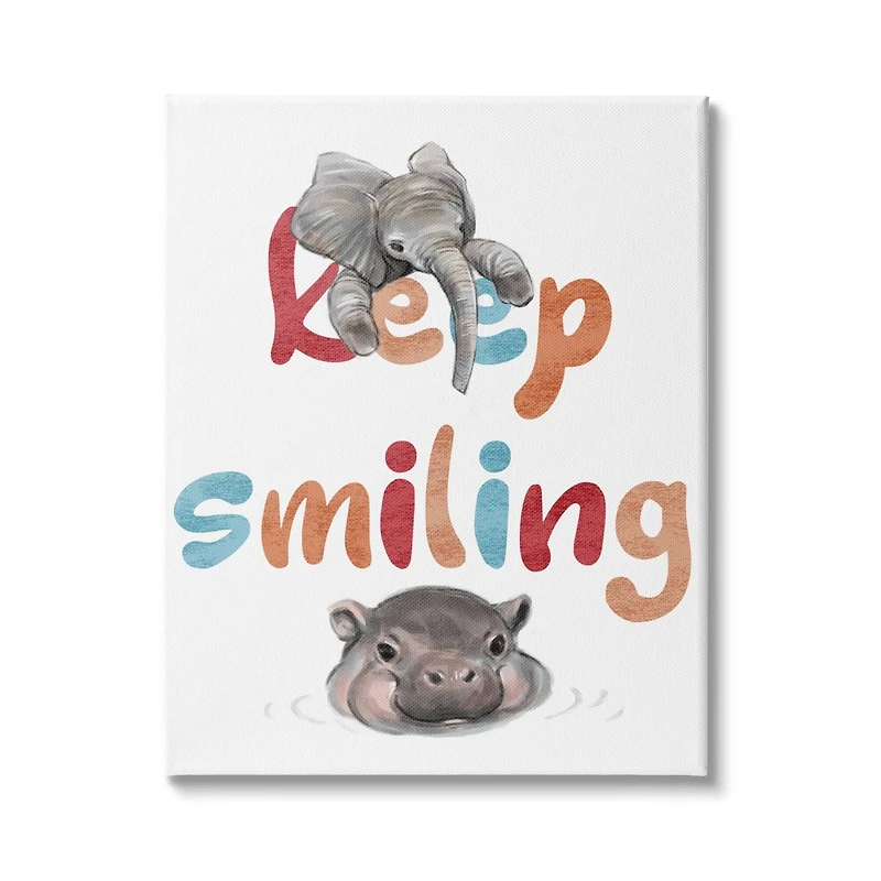 Stupell Industries Keep Smiling Motivational Children's Phrase Baby Elephant Hippo Canvas Wall Art