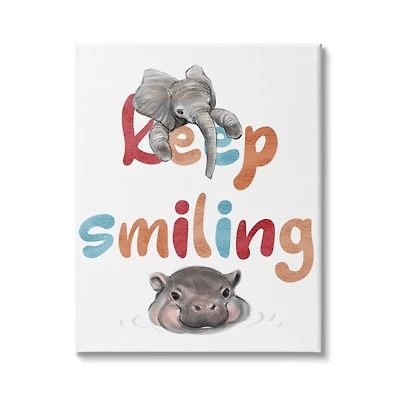 Stupell Industries Keep Smiling Motivational Children's Phrase Baby Elephant Hippo Canvas Wall Art