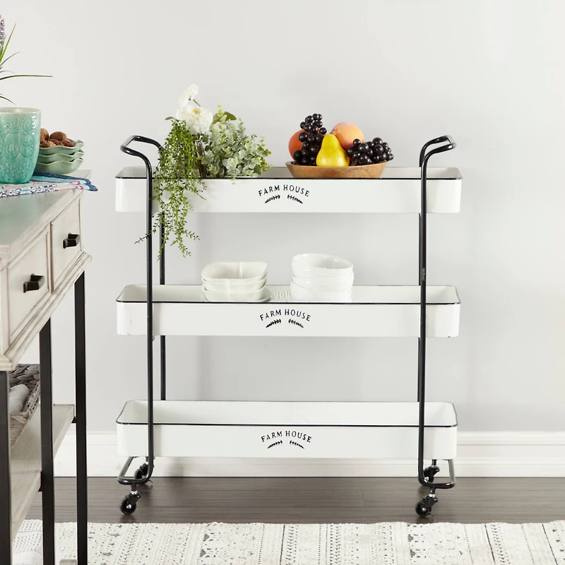 35" White Metal Farmhouse Storage Rolling Cart