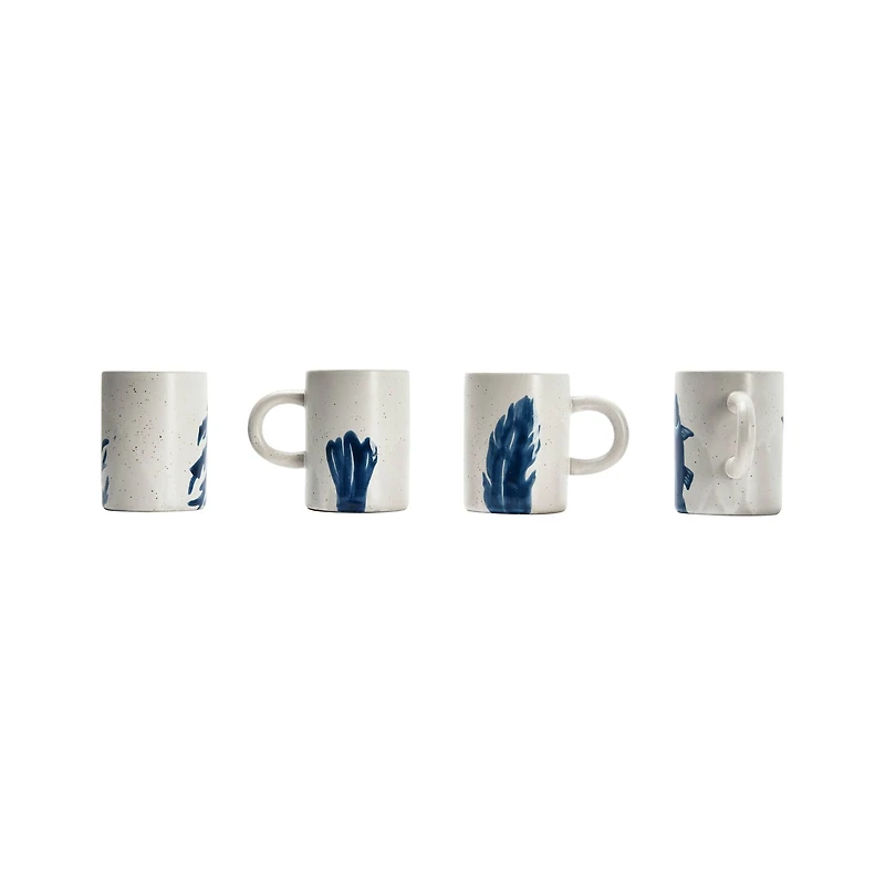 Hello Honey® 12oz. Antique White and Blue Farmhouse Hand Painted Stoneware Mugs Set with Painted Flora and Fauna