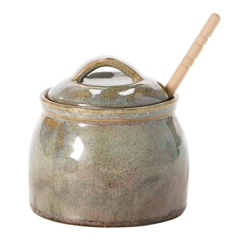Hello Honey® Green & Blue Glaze Stoneware Honey Jar with Wood Honey Dipper