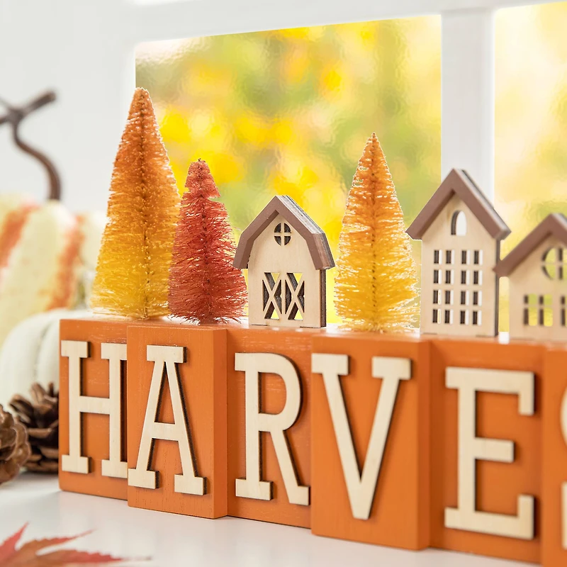 Glitzhome® 14" Harvest Wooden House and Brush Trees Table Décor