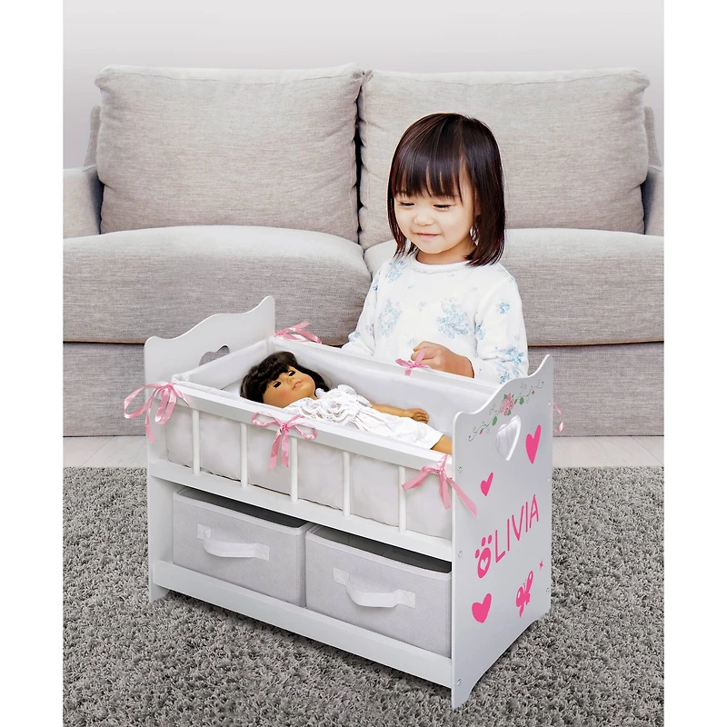 Badger Basket White Rose Doll Crib with Bedding & Two Baskets