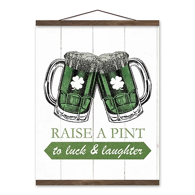 A Pint to Luck & Laughter Teak Hanging Canvas