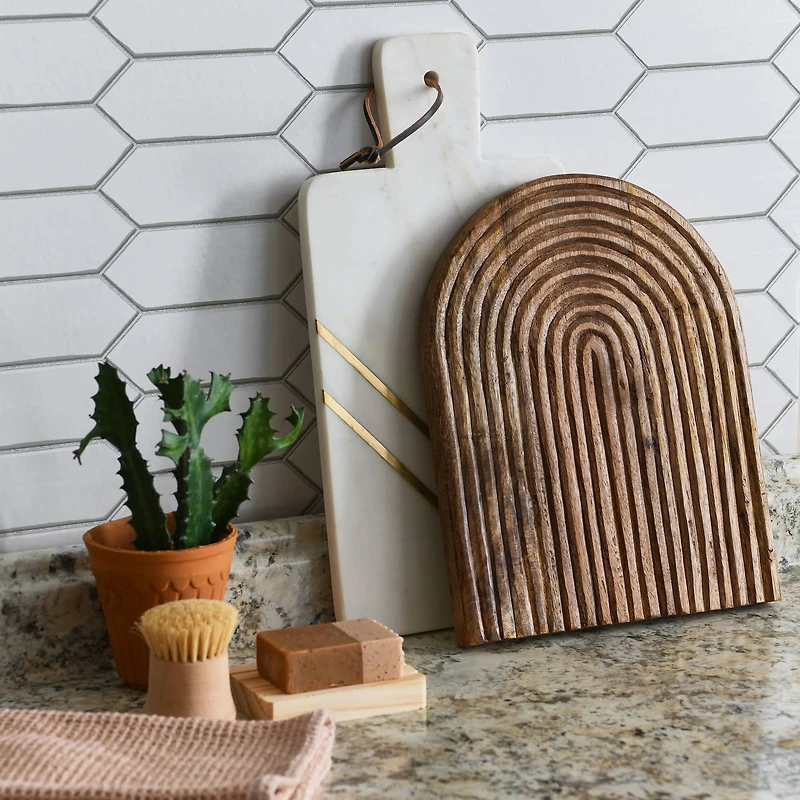 Hello Honey® 13" Natural Carved Arch Mango Wood Serving Board