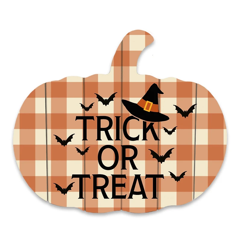 Trick or Treat Buffalo Check Pumpkin Shaped Pallet Wood Art