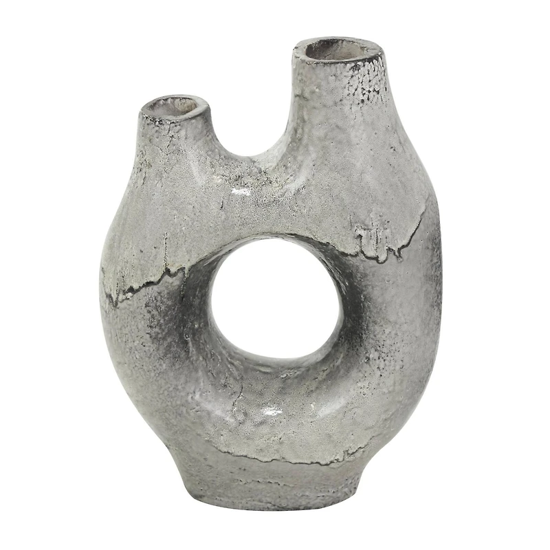 Gray Paper Mache Abstract Circular Vase with Dual Openings