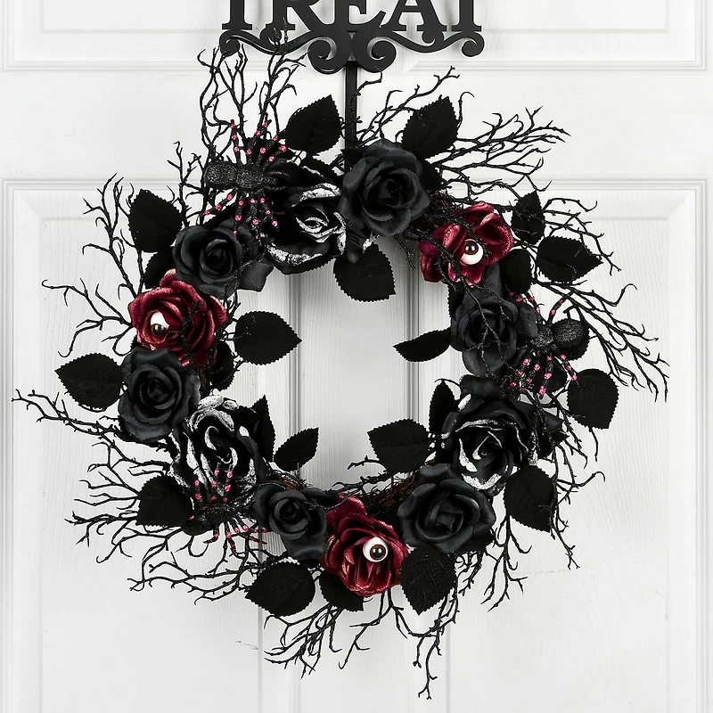 22" Black Halloween Rose Wreath