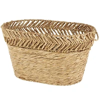 30" Brown Seagrass Handmade Woven Oval Storage Basket with Zig Zag Patterned Rim