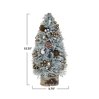 Hello Honey® 12.25" Frosted Ornaments, Pinecones & Glitter Christmas Tree with Wood Slice Base