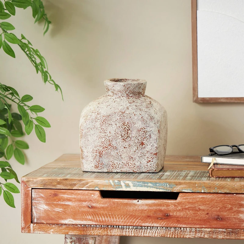 9.75" Brown Ceramic Antique Style Textured Square Vase