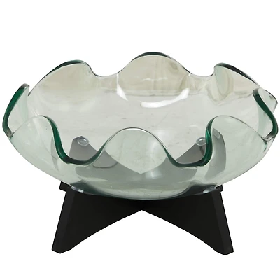16" Clear Glass Kitchen Serving Bowl with Black Wooden Stand