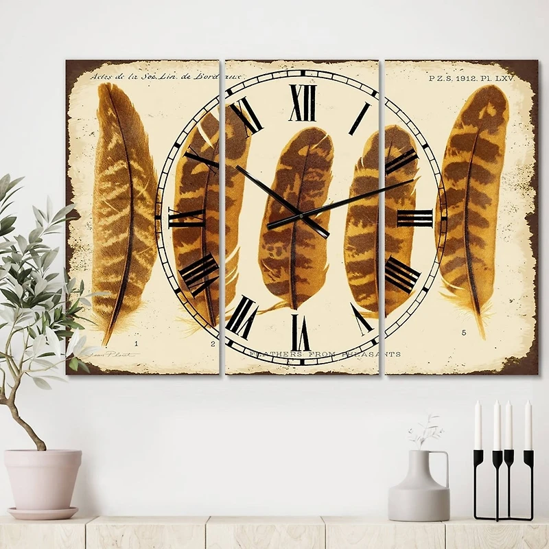 Designart Five Pheasant Feathers Multipanel Wall Clock