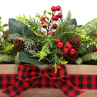 17" Christmas Classic Cypress, Pinecone & Berry Centerpiece in Wood Planter with Red Buffalo Check Bow