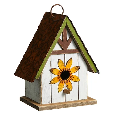 Glitzhome® 8.25" Distressed Metal Roof & Flower Wood Birdhouse