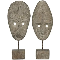 Gray Polystone Handmade Carved Mask Sculpture Set