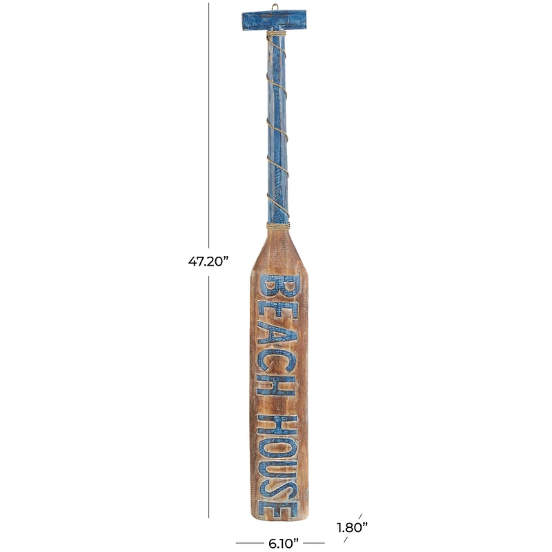 Brown Wood Paddle Beach House Sign Wall Decor with Blue Accents and Rope