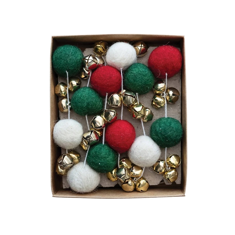 Hello Honey® 6ft. Red, Green & Cream Handmade Wool Felt Balls with Jingle Bells Garland