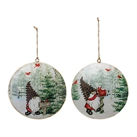 6" Gnome Cardinal Forest Metal Disc Ornaments Set