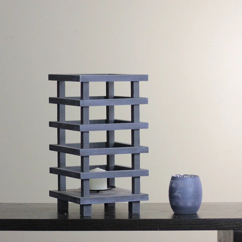 13" Gray Wooden Pagoda Tower Pillar Candle Holder