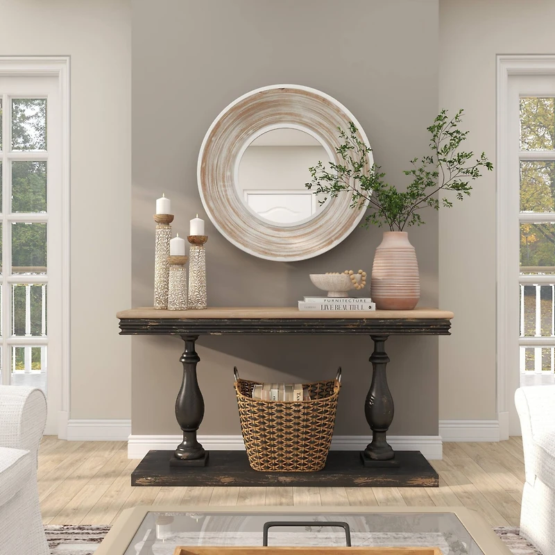 35" Cream Wooden Framed Wall Mirror with White Wash Effect