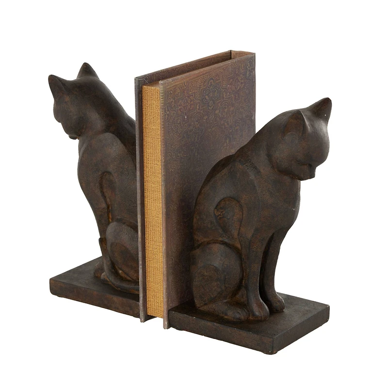 7.75" Dark Brown Cat Frowning Bookend Set with Copper Accents