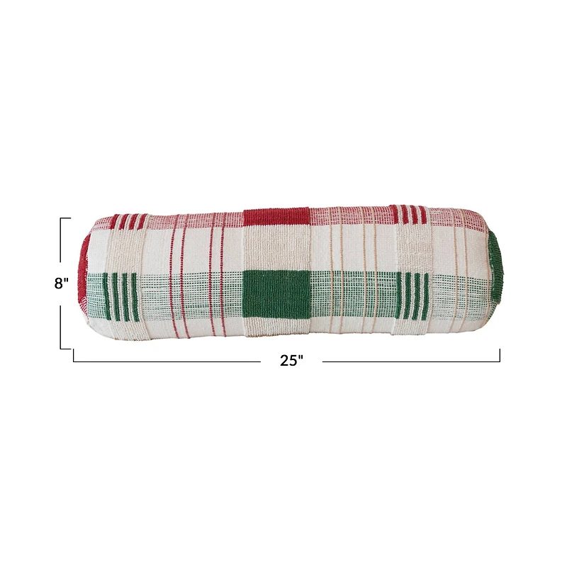 Hello Honey® 25" Red, Green & Gold Plaid Textured Woven Bolster Pillow