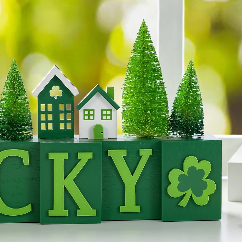 Glitzhome® 14" St. Patrick's Wooden House and Brush Trees "LUCKY" Table Decor