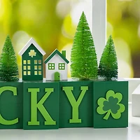 Glitzhome® 14" St. Patrick's Wooden House and Brush Trees "LUCKY" Table Decor