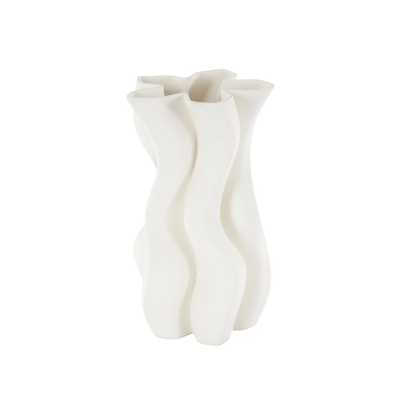 White Ceramic Abstract Ribbed Dimensional Wavy Vase with Floral Shaped Rim