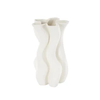 White Ceramic Abstract Ribbed Dimensional Wavy Vase with Floral Shaped Rim