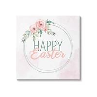Stupell Industries Happy Easter Round Floral Border Pastel Pink Design Canvas Wall Art