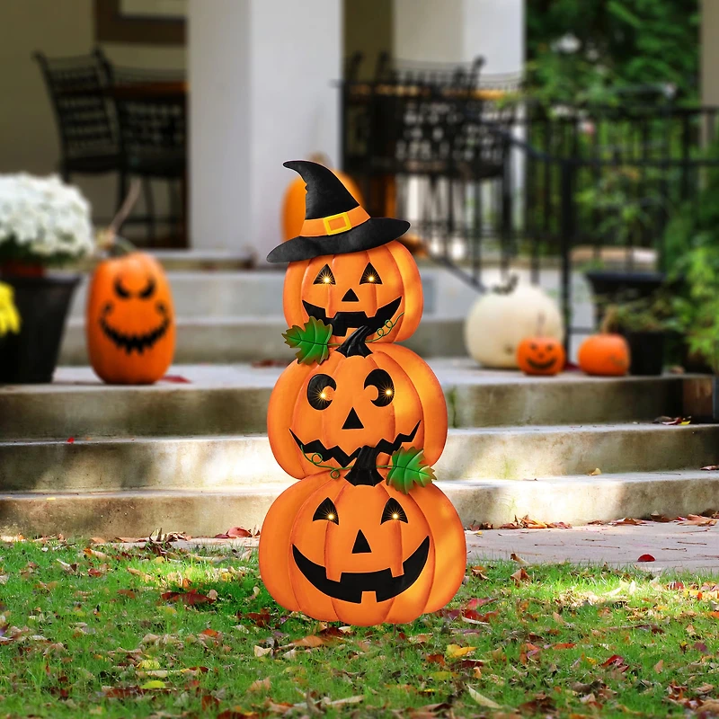 Glitzhome® 3.3ft. Halloween Lighted Metal Stacked Jack-O-Lantern Yard Stake Set
