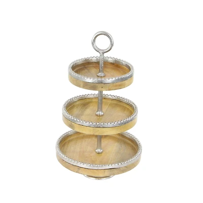 25" Brown Wood  & Aluminum 3-Tier Tray Stand