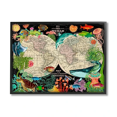 Stupell Industries Vintage World Hemisphere Map Vibrant Marine Animal Illustrations Framed Wall Art