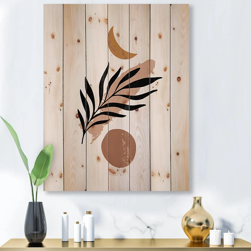 Designart - Abstact Minimal Sun, Moon & Tropical Palm Leaf I - Modern Print on Natural Pine Wood