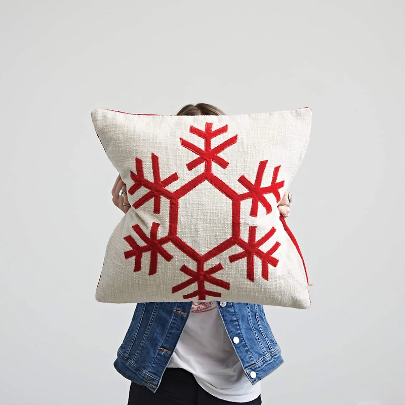 Hello Honey® Cream & Red Embroidered Snowflake Pillow