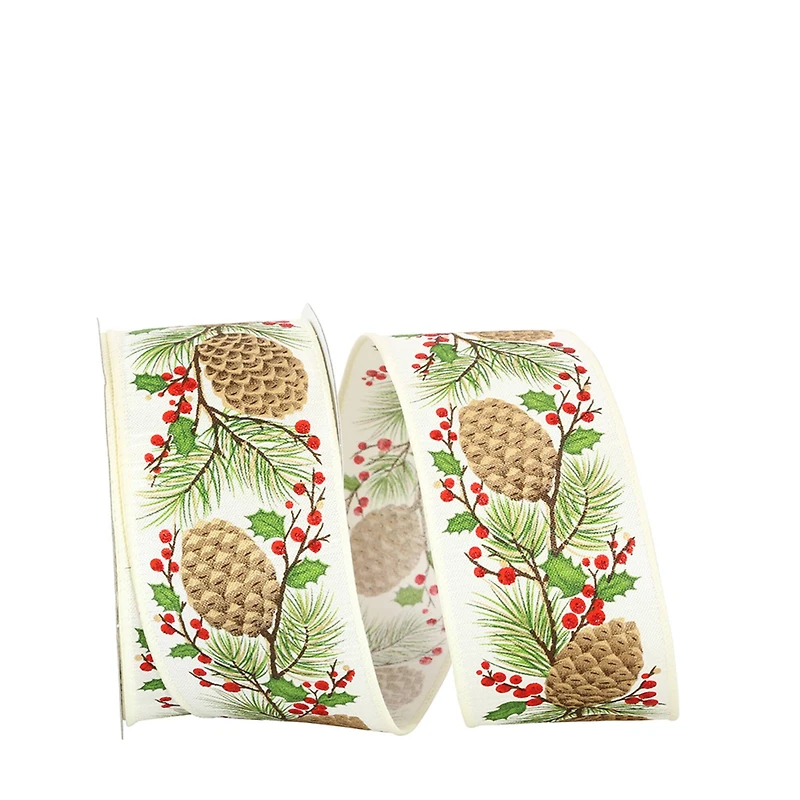 JAM Paper 2.5" x 20yd. Ivory Pinecone Holly Berries Linen Wired Ribbon