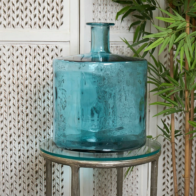 17" Teal Recycled Glass Spanish Bottleneck Vase