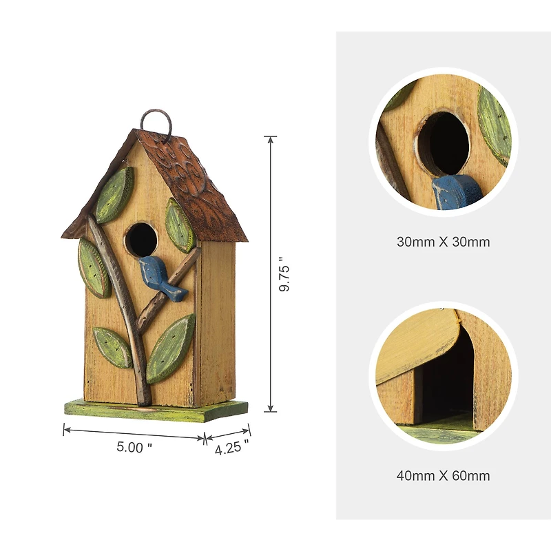 Glitzhome® 9.75" Yellow Distressed Bird & Tree Birdhouse