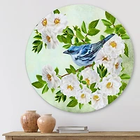 Designart - Little Blue Bird Sitting On A Branch of White Rose