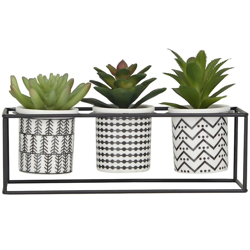 Novogratz 10" Green Faux Foliage Succulent with Tribal Pots in Black Metal Stand