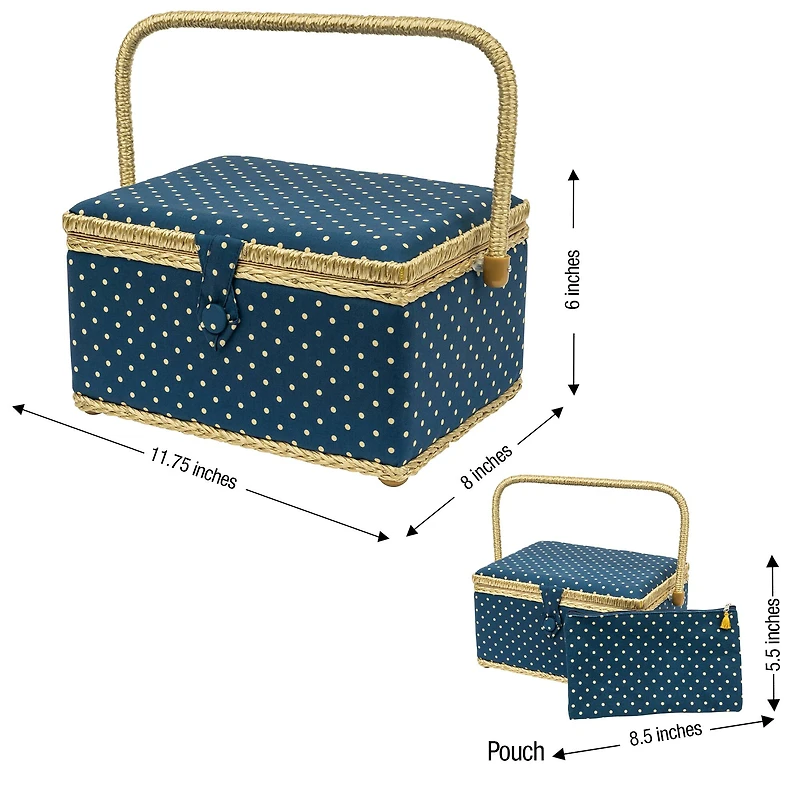SINGER® Large Blue Polka Dot Print Sewing Basket with Matching Zipper Pouch