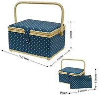 SINGER® Large Blue Polka Dot Print Sewing Basket with Matching Zipper Pouch