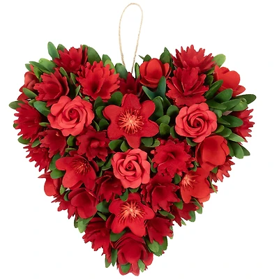 12.25" Mixed Floral with Wooden Flowers Artificial Valentine's Day Heart Wreath
