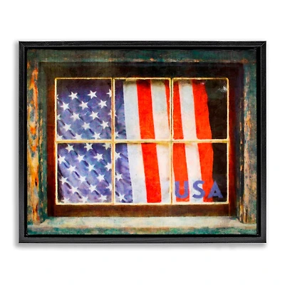 Stupell Industries Patriotic American Flag Rustic Window Festive Home Floater Framed Art