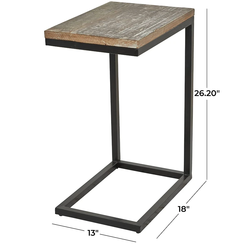 Brown Wood Distressed C-Shaped Accent Table with Black Metal Base 13" x 18" x 26"
